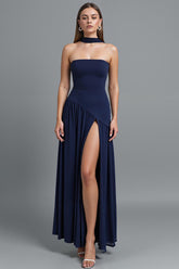 Dunkelblaues Trägerloses Abendkleid mit Schlitz